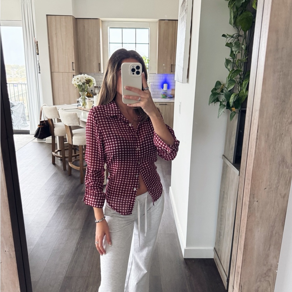 American Rag Burgundy Checkered Button Down Shirt (Size Small)
